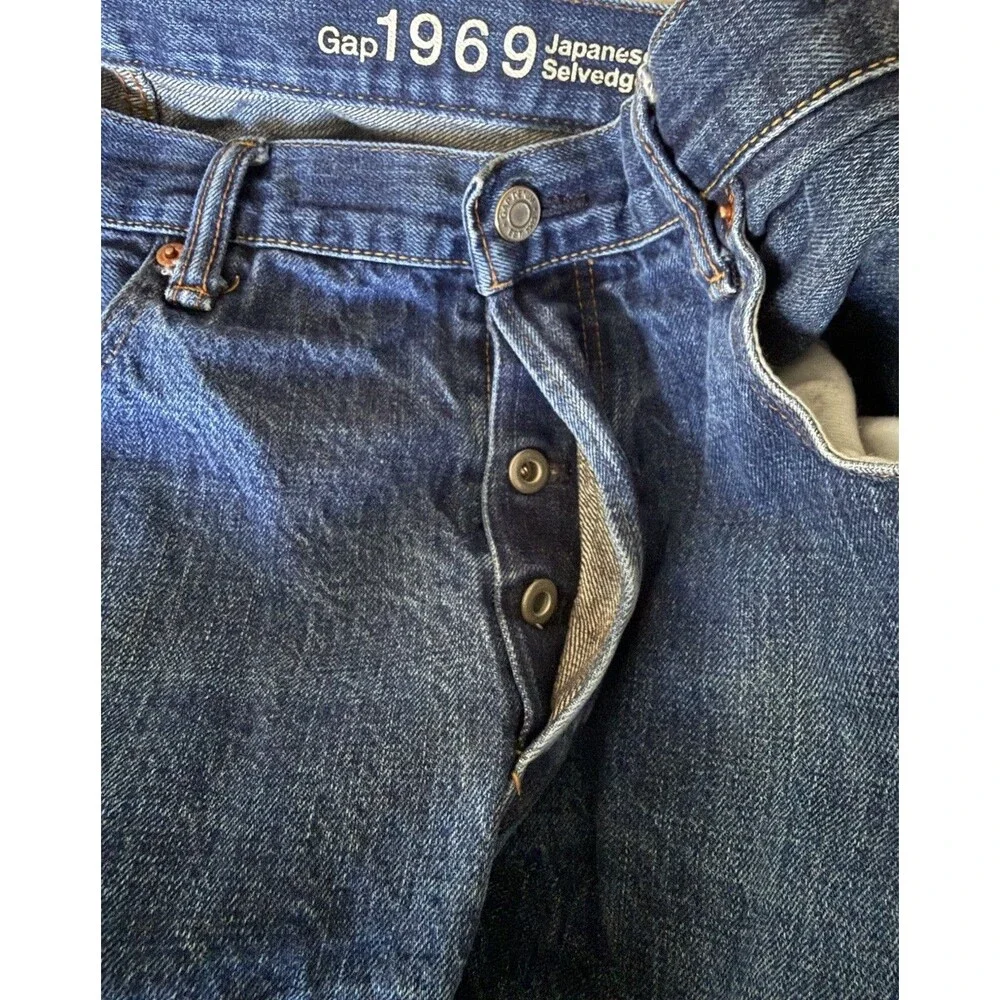 Gap 1969 Straight Fit Japanese Selvedge Dark Wash Jeans Button Fly Mens Sz 38x32